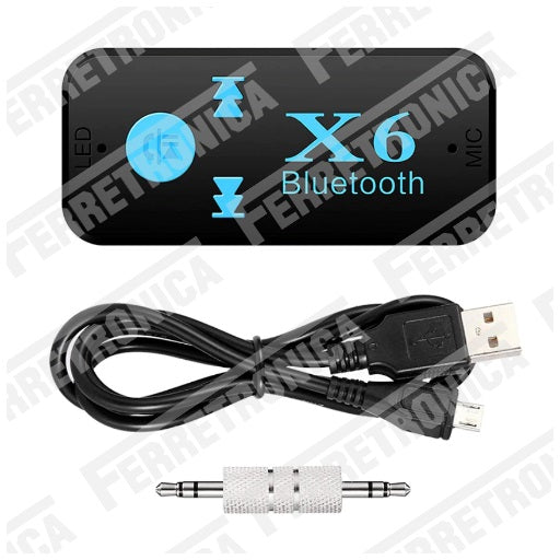 Adaptador Bluetooth X6 con Plug - Jack 3.5mm para Carro, Tablet, Smart TV, Automovil, Consola de Juegos, Vehiculo, Equipo de Sonido, PC, etc. Reproduce musica desde memoria micro sd TF MP3, Ferretrónica