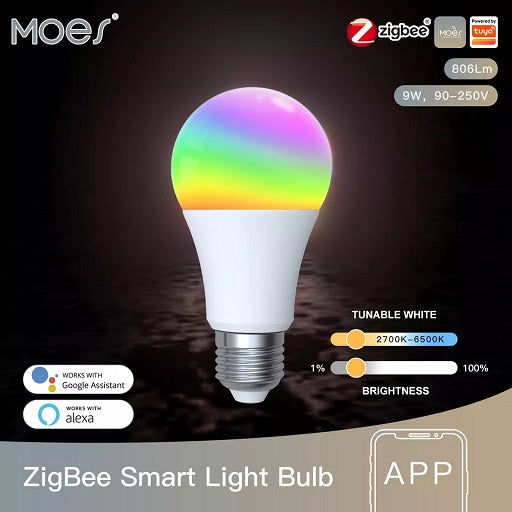 Bombillo Led Inteligente RGB 9W Rosca E27 por ZigBee - Requiere HUB ZigBee Compatible con Smart Life App - Tuya Bombilla Lampara Compatible con Amazon Alexa y Google Home, Ferretrónica