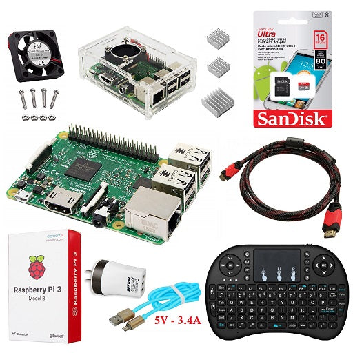 KIT Raspberry PI3 B, Raspberry PI 3 B, Teclado, Micro SD 16 GB Clase 10, Cable HDMI, Fuente 5V 3.4A, Caja Acrilica con Ventilador + Disipadores, Ferretronica