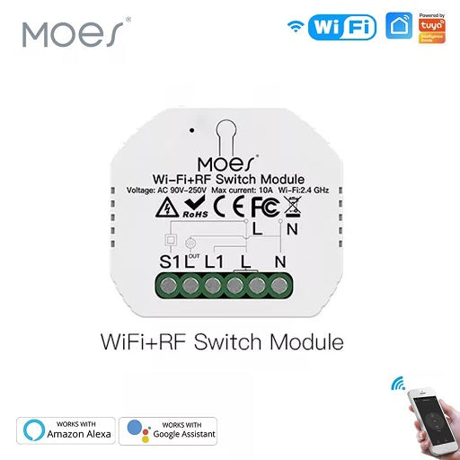 Modulo Switch Interruptor Inteligente WiFi + RF Compatible con Aplicaciones Smart Life - Tuya Compatible cos asistentes de Voz Amazon Alexa y Google Home, Ferretrónica