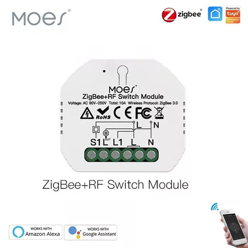 Modulo Switch Interruptor Inteligente ZigBee + RF Compatible con Aplicaciones Smart Life - Tuya Requiere HUB ZigBee Compatible cos asistentes de Voz Amazon Alexa y Google Home, Ferretrónica